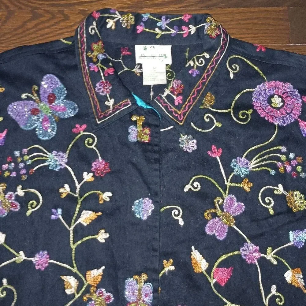 Quacker Factory Jacket Womens 1X 3/4 Sleeve Floral Butterfly Beaded Embellished